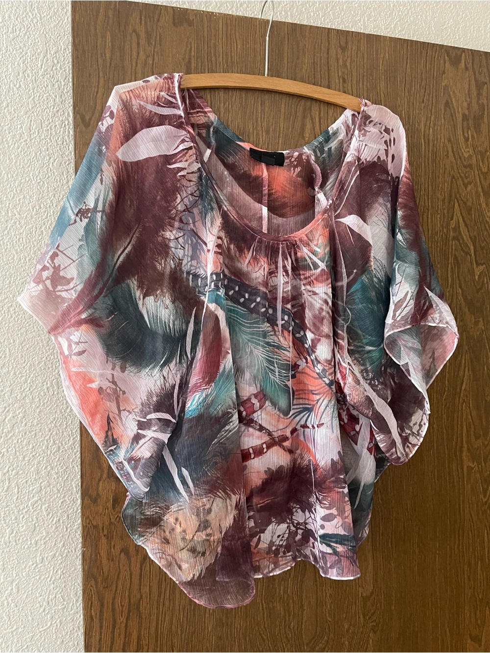 Sheer Floral Feather-Print Blouse in Multi-Color